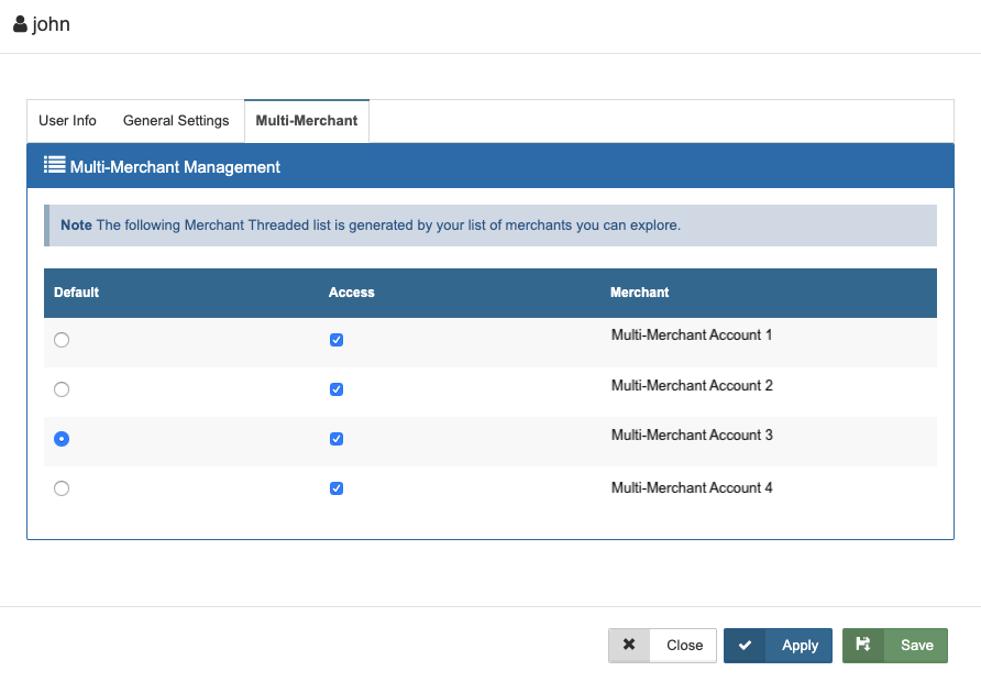 Multi Merchant User Settings
